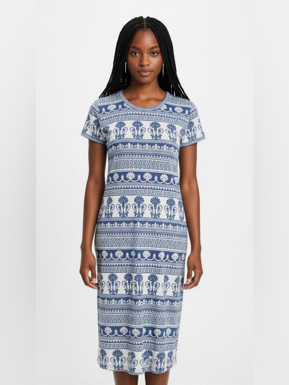 Blue and White Patterned Short-Sleeve Midi Dress